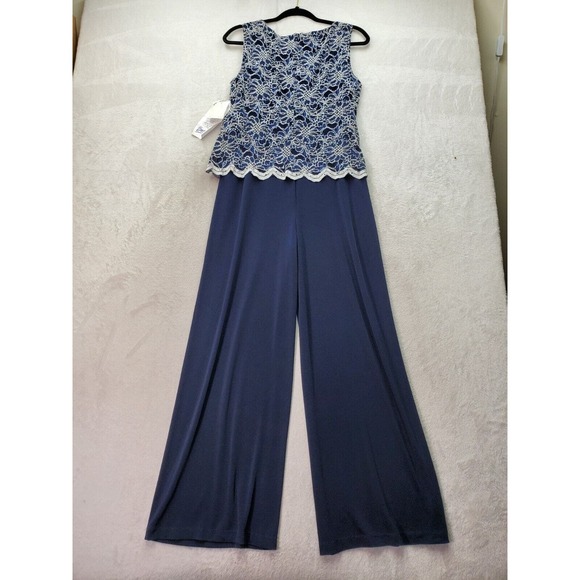 Connected Apparel Jumpsuit Women's Petite 8 Navy Lace Floral Sleeveless Back Zip - Picture 2 of 6